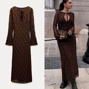 Zara Lace V-Neck Maxi Dress in Chocolate Brown Size L